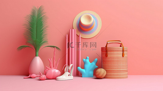 柔和的粉红色柔和背景上的海滩必需品 3D 渲染插图