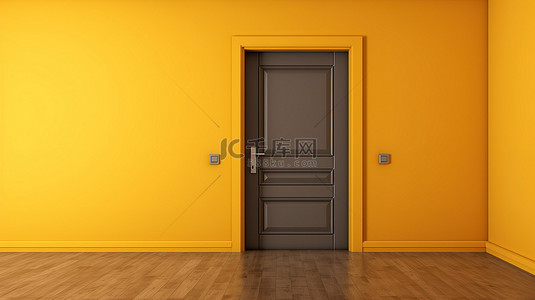 深黄色底图背景图片_镶木地板和深黄色门靠墙的 3D 渲染