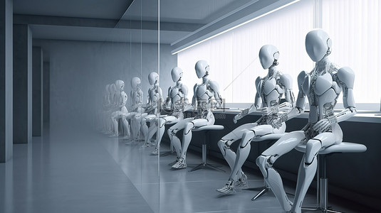 总部人员背景图片_女性机器人在行动自动化办公室工作人员的 3D 渲染