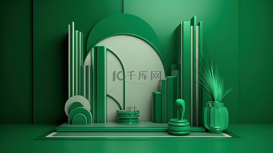 装饰艺术风格的 3d 场景以绿色色调为特色，用于 3d 渲染的产品演示
