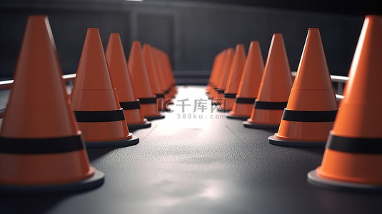 路障背景图片_3d 渲染的交通锥和路障中的施工标志