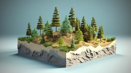 令人惊叹的 3D 立方体描绘了郁郁葱葱的森林的横截面，树木土壤和地质隔离在蓝天背景上