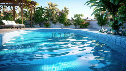 令人惊叹的游泳池的 3D 渲染设计