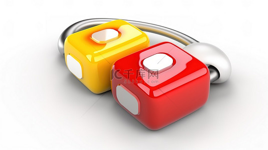白色小图标小图标背景图片_白色按钮键，带有白色背景上红色和黄色耳机的独立 3D 渲染图标