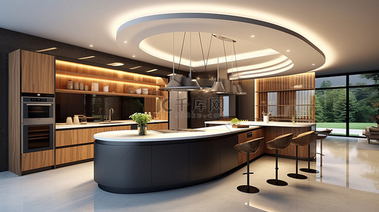 优雅的设计师厨房设有酒吧岛和时尚的木制家具，配有最先进的内置电器现代 3D 渲染