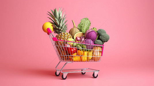 杂货店背景图片_粉红色背景的 3D 插图与杂货店和食品店概念填充购物车与健康食品