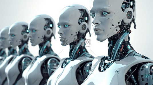 模特背景图片_未来派女军一排机器人或机器人的 3D 渲染