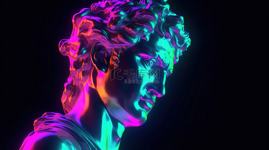 紫色光芒背景图片_霓虹灯照亮米开朗基罗大卫雕像头的 3D 渲染