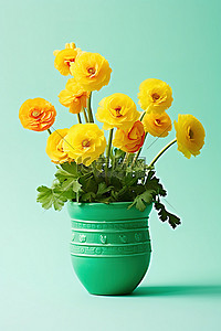 绿色黄色的花背景图片_绿色的花盆，黄色的花