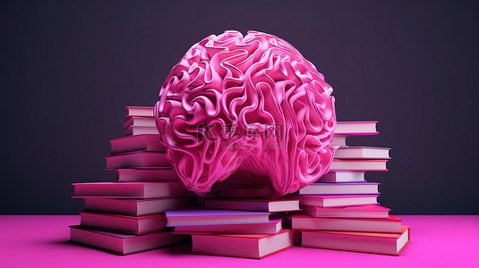 粉红色的大脑在圆圈中的书本上 3D 渲染，用抽象形状说明心理能力的发展