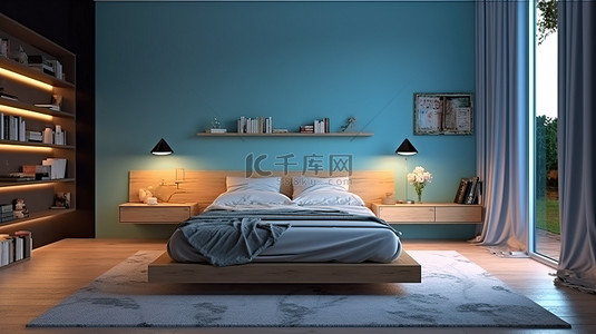 蓝色酒店背景图片_现代睡眠空间以蓝色装饰，配有夜间照明和 3D 视觉效果