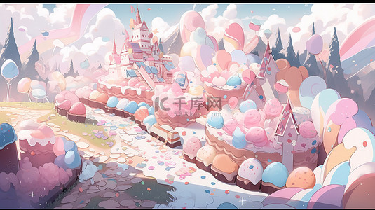 草莓滴落背景图片_充满活力的 3D 糖果乐园，上面有滴落的奶油和彩虹糖屑