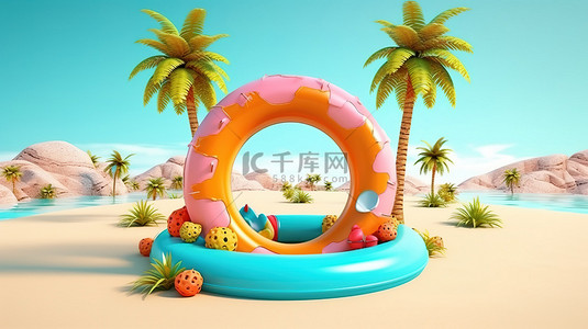 充满活力的吹环和海滩主题展览在夏季天堂漂流 3D 插图