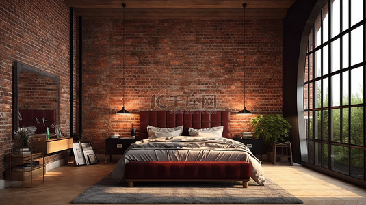带空调的舒适砖墙卧室的 3D 渲染