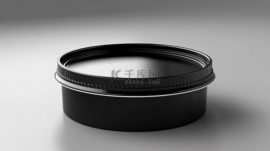 包装盒渲染背景图片_黑色背景上带有白色标签的一次性圆形容器的独立 3D 渲染