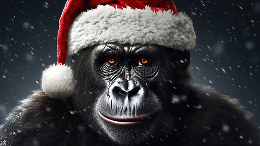 滑稽的背景图片_滑稽的 3D 大猩猩戴着节日圣诞帽