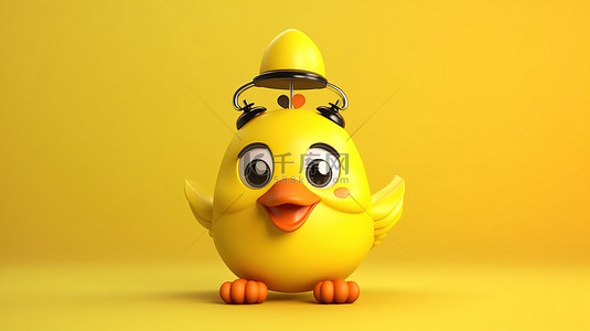 可爱闹钟背景图片_迷人的黄色卡通鸭人类吉祥物，在阳光明媚的背景下有一个闹钟，3d 创建
