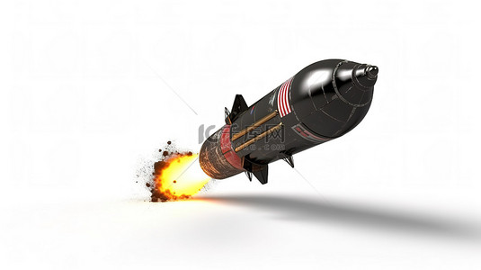象征原油价格的油桶火箭的 3D 渲染在白色背景下被隔离