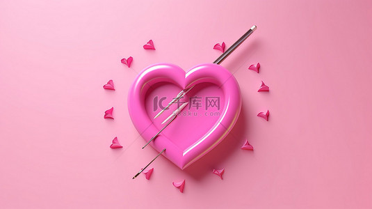 爱情主题 3D 渲染，粉红色背景上有心和箭，非常适合情人节