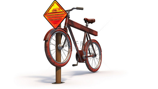 白色背景自行车交通警告标志的 3d 渲染