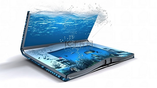 一个空笔记本的 3D 插图，具有白色背景上隔离的令人惊叹的蓝色水下壁纸