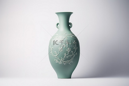 青瓷背景图片_花瓶是蓝色的，上面有雕刻图案