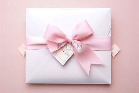 一个白色信封，周围系着粉红色蝴蝶结