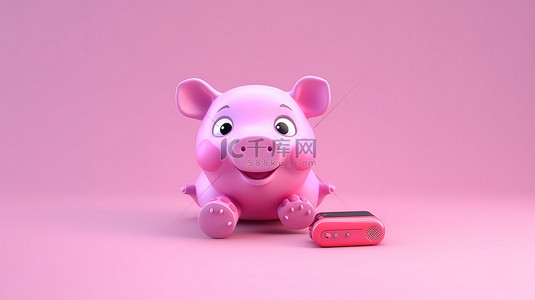 卡通动物猪背景图片_粉红猪在手机上说话的 3d 渲染