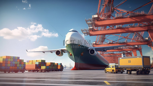 公路运输背景图片_集装箱货船和飞机的 3D 渲染插图，以实现高效的运输和物流