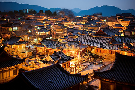 旅行彩色背景图片_亚洲小镇有红色屋顶和许多彩色建筑