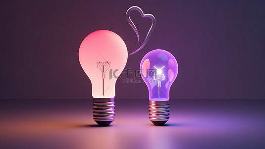 高品质封面照片，在 3D 渲染灯泡内带有发光的爱情图标，用于社交媒体帖子