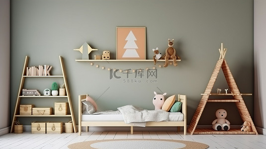 现代儿童卧室的插图，采用简约设计和 3D 渲染，包括床书架地毯和彩绘墙上的模型框架