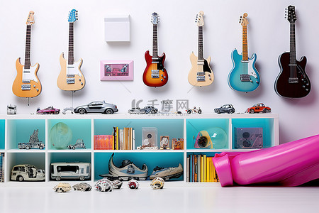 直升机模型背景图片_吉他滑板支架和其他东西如音乐盒头盔吉他和其他玩具的框架收藏