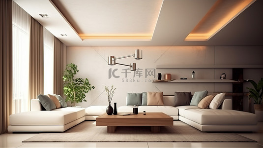 现代家居设计 精致客厅内部的 3D 插图