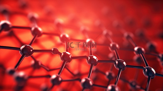 石墨烯分子纳米技术结构的红色背景3D渲染