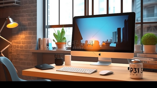 现代办公工作室的时尚 3D 渲染，桌上有 PC 电脑模型和办公用品