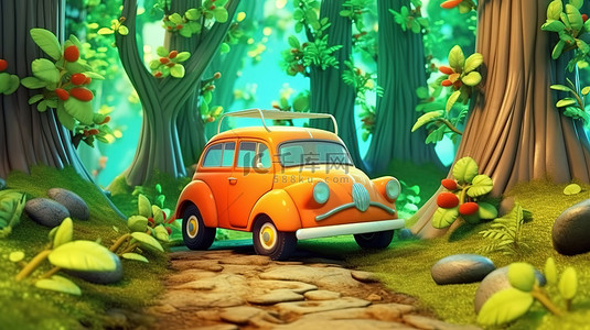卡通车的森林冒险 3D 插图