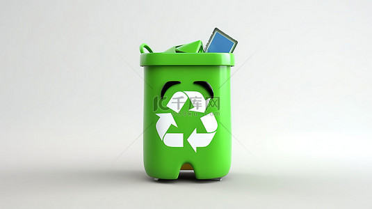 白色污染的背景图片_白色背景上带有回收标志和可充电电池的绿色垃圾桶角色吉祥物的 3D 渲染