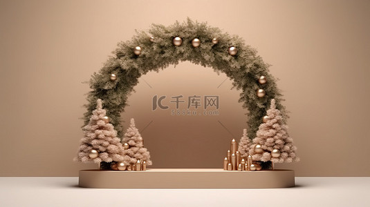 节日圣诞节装饰套装树花环土色调展示展示 3D 渲染