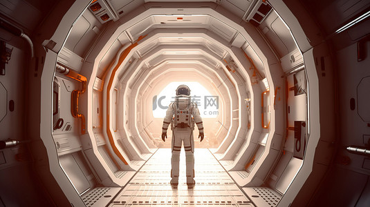 具有地球视图 3D 渲染的未来走廊中的孤独太空航行者