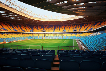足球看台背景图片_一个足球场，里面有空的蓝色座位，周围有很多空间