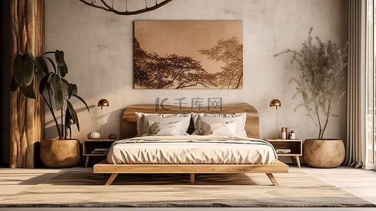 天然木制家具和干燥植物在这间室内卧室 3D 渲染插图中突出了日本风格