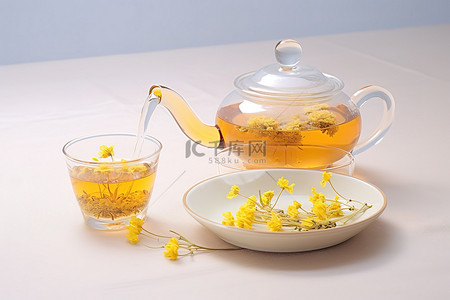 碟子胡萝卜背景图片_将鼠尾草倒入茶壶的杯子和碟子上