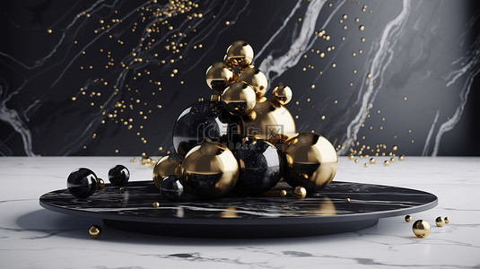 几何漂浮金色背景图片_抽象极简主义金色星星球在 3D 渲染中漂浮在白色大理石舞台上的黑色圣诞树周围