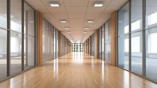 3D 渲染照明宽敞的办公室走廊，正面有玻璃门和木质天花板装饰