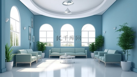 医院房间背景图片_等候室内部概念的蓝色主题 3D 渲染