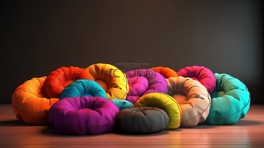 坐着的背景背景图片_充满活力的沙发和枕头采用 3D 渲染风格化设计