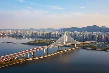 韩国河上桥梁的空中拍摄
