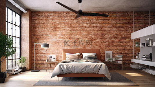 质朴精致的 3D 渲染卧室，配有砖墙和空调