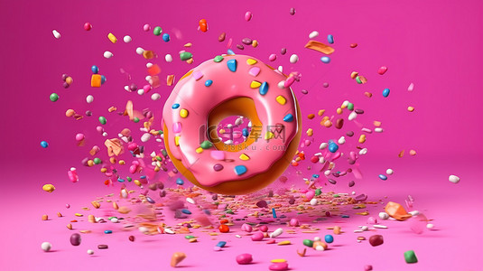五彩缤纷的糖背景图片_充满活力的粉红色甜甜圈，装饰着五彩缤纷的糖粒